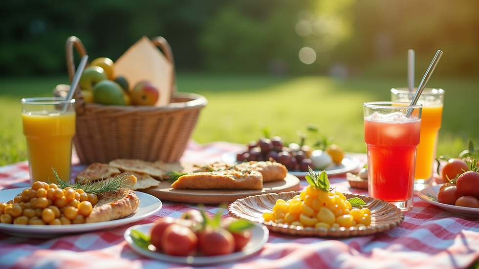 Close-up view of a picnic setup with colorful dishes and drinks on a sunny day