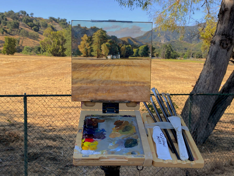 Close-up view of a portable plein air palette with vibrant oil paints