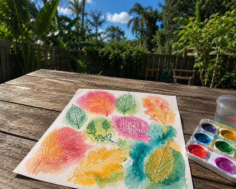 Child-made native Florida leaf paintings featuring bright watercolor leaf prints created with oil pastels, displayed on a sunlit wooden table with a watercolor palette in a lush garden for a nature-inspired preschool activity.