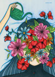 Kunstwerk von der Künstlerin Naramart Frau mit Blumen im Gesicht und Giesskanne über dem Kopf