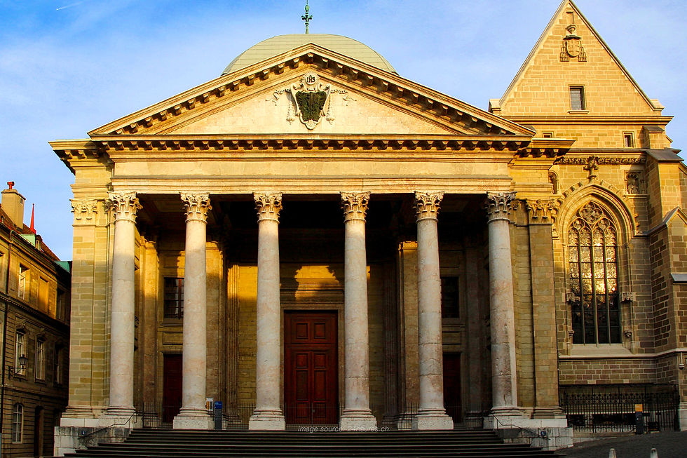 St. Pierre Cathedral in Geneva with grand columns, stone steps, and a historic façade lit by warm sunlight.