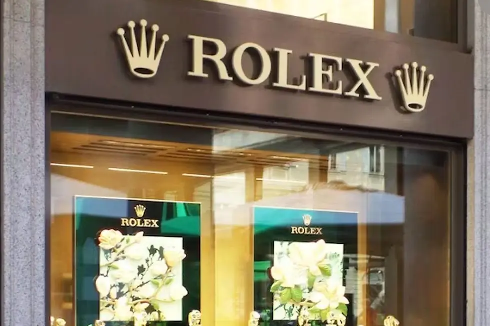 The Rolex storefront at Beyer Chronometrie Zurich shows luxury watch displays behind a glass window.