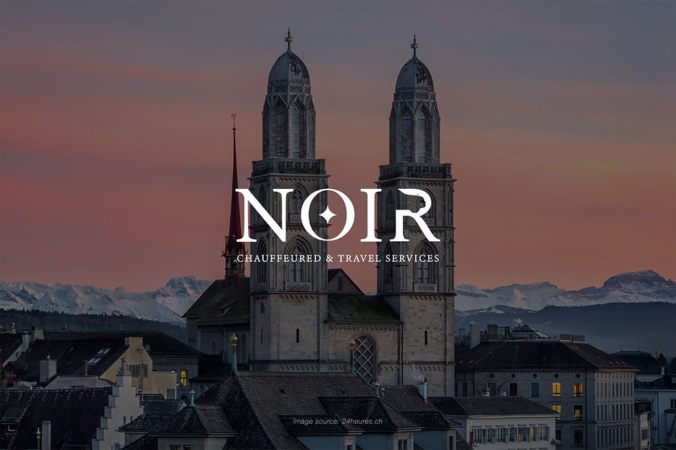 Scenic thumbnail with Grossmünster Church in Zurich, mountain views, and Noir Chauffeured and Travel Services branding.
