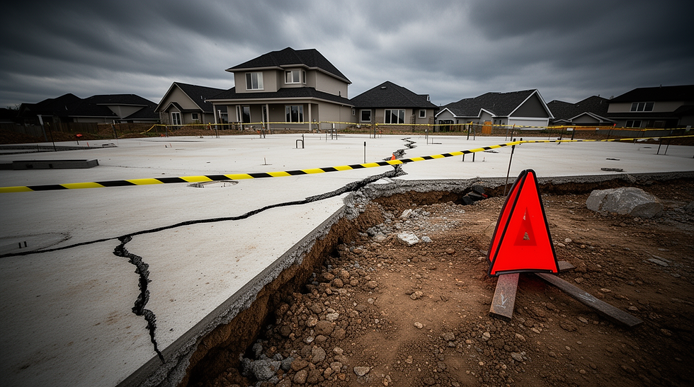 Cracked concrete foundation slab with caution tape and a red warning sign at a residential building site