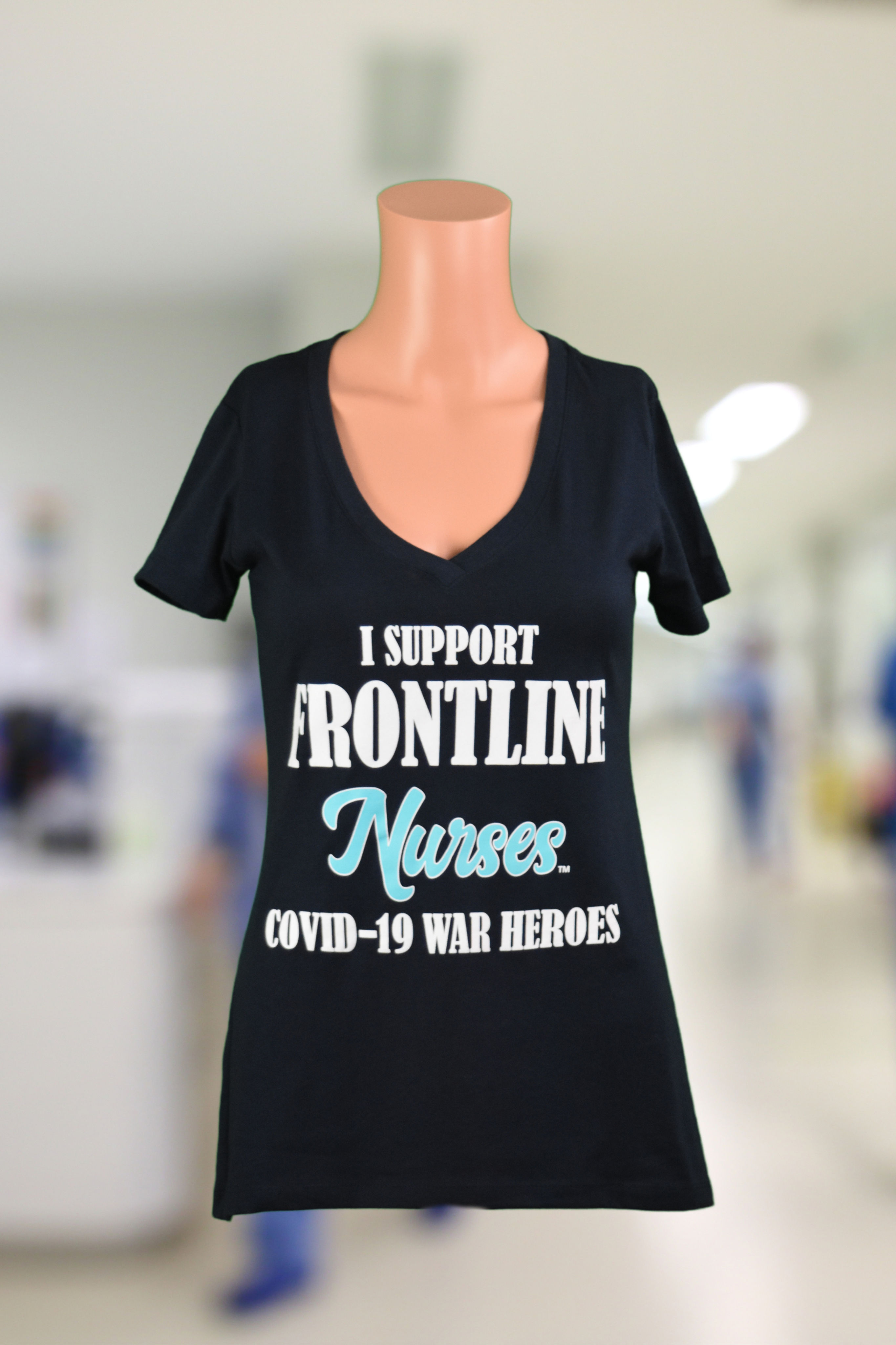 I Support Frontline Nurses (Womans Navy V-Neck T-Shirt)