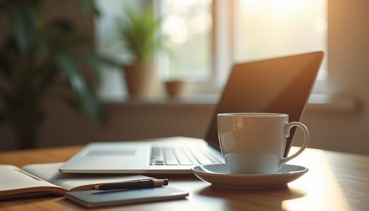 Eye-level view of a home workspace with a laptop, notebook, and coffee cup on a wooden desk