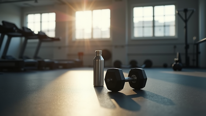 Dumbbell and water bottle in a sunlit gym