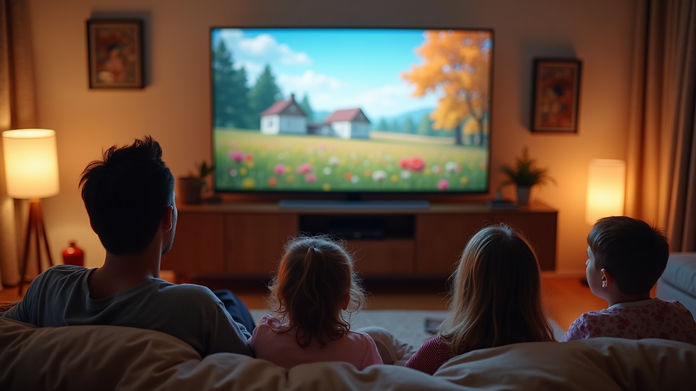 High angle view of a family enjoying streaming TV on a large screen in a cozy living room