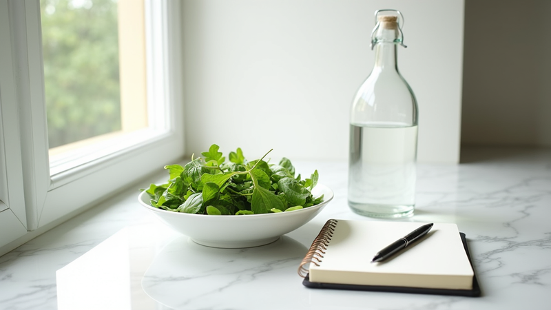 Fresh greens, water bottle, notebook for daily wellness