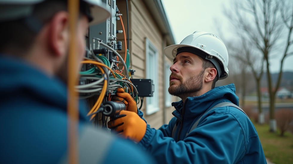 Close-up view of a technician installing fiber-optic cables in a residential area
