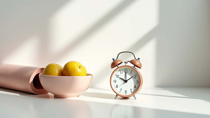Yellow fruit, orange alarm clock, pink yoga mat in sunlight