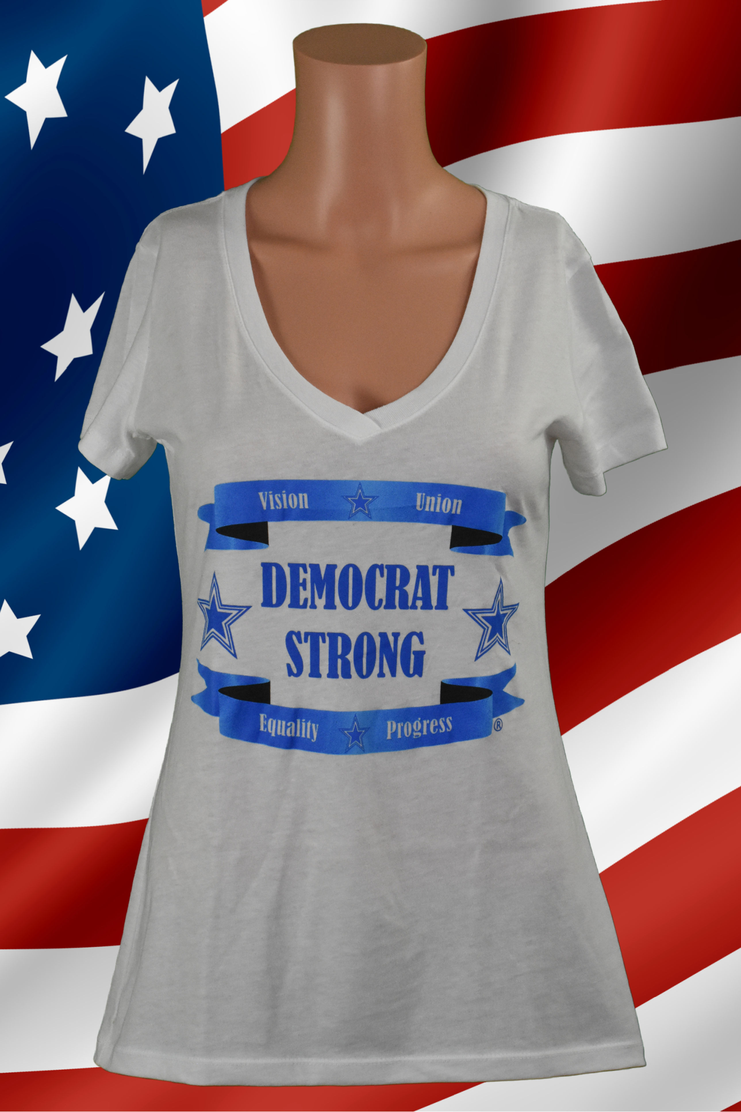 Democrat Strong (Womans White V-Neck T-Shirt)