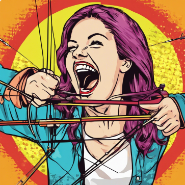 Pink haired girl holding lots of bow strings