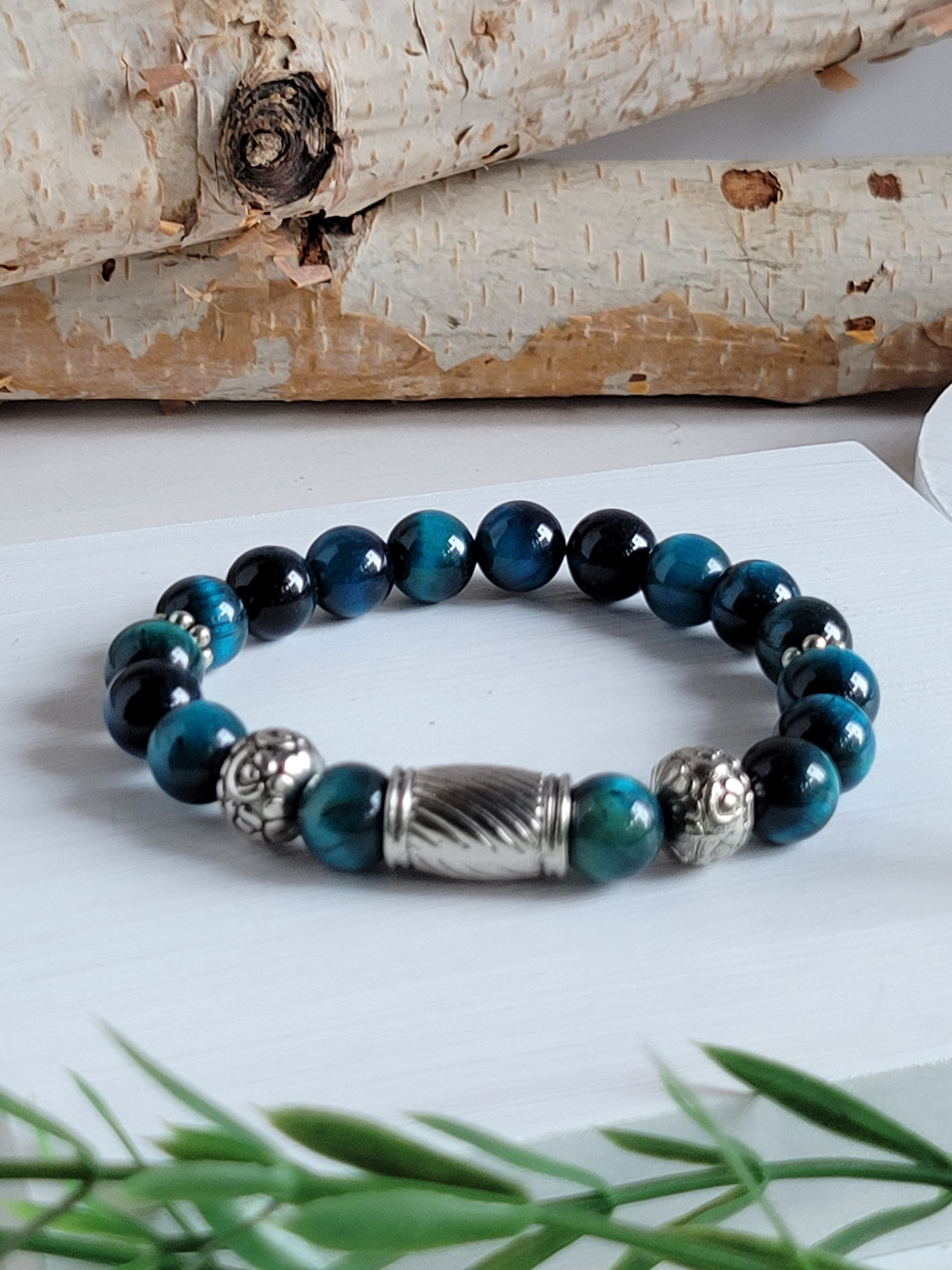 Beaded Turquoise Blue Tiger's Eye & Silver Accented Bracelet