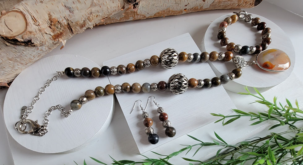 Thumbnail: Beaded Brown Petrified Wood - Necklace, Earrings & Bracelet
