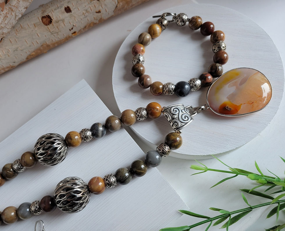 Thumbnail: Beaded Brown Petrified Wood - Necklace, Earrings & Bracelet