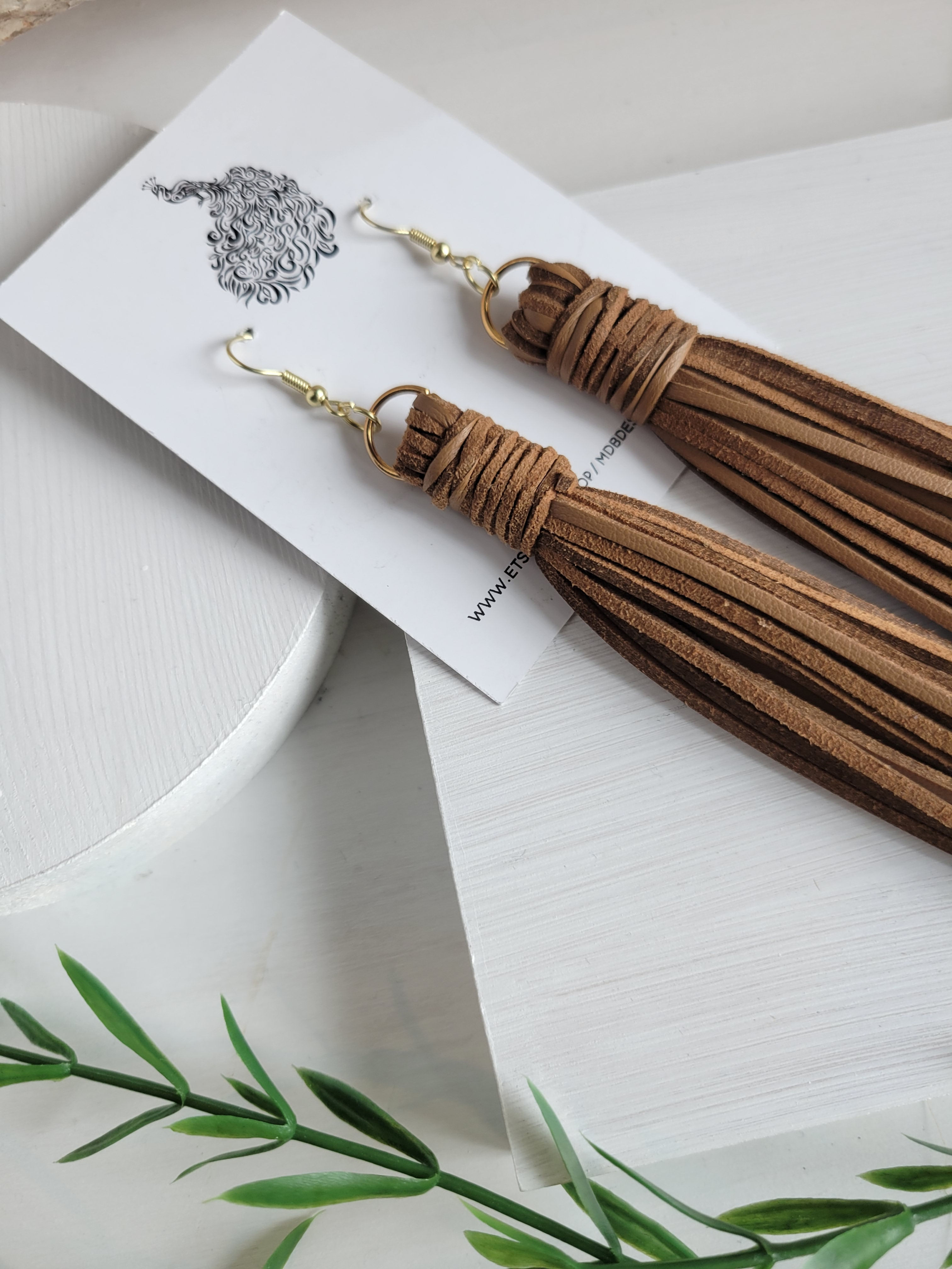 Brown & Gold Accent Long Suede Tassel Earrings