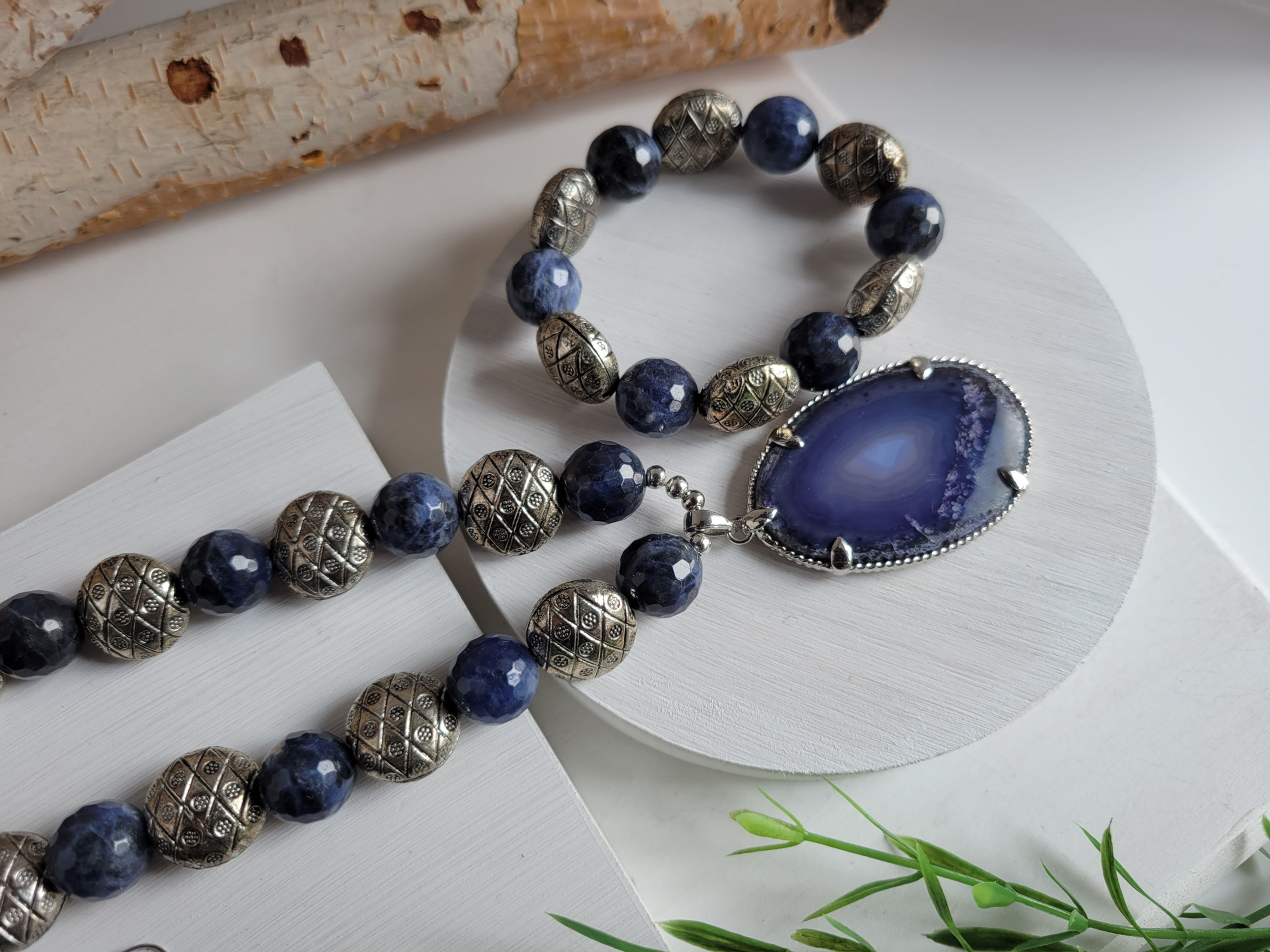 Beaded Blue Sodalite Set - Necklace, Earrings & Bracelet