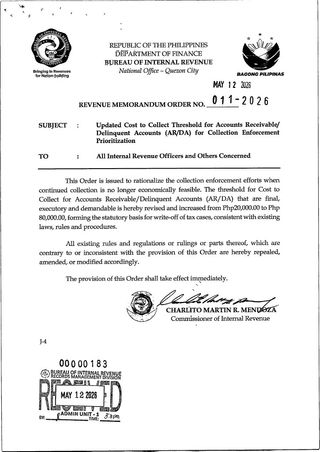 BIR, itinaas sa 80k ang threshold sa write-off ng tax delinquent accounts