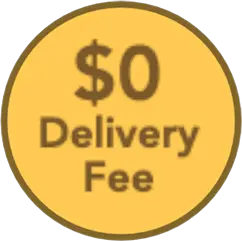 A yellow circle with an off yellow border and text stating "$0 Delivery Fee"