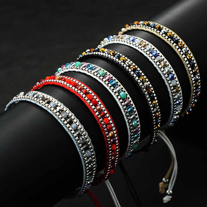 Thumbnail: Crystal Beaded Leather Wrap Bracelet