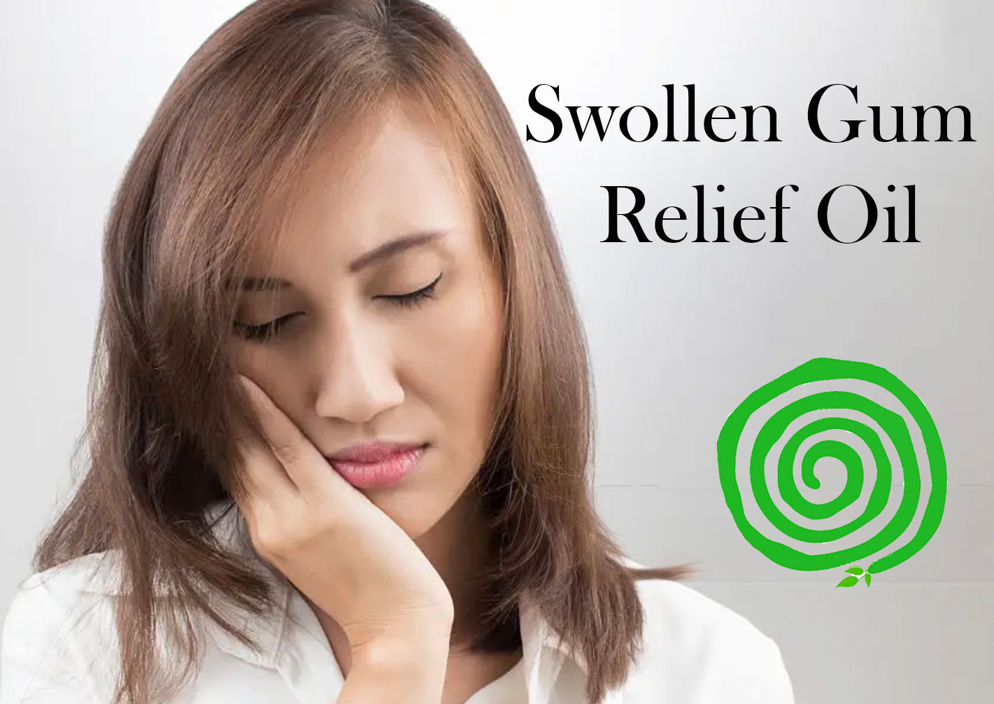 A woman holding her hand to the side of her face, eyes closed, grimacing in pain. Her expression conveys discomfort and distr