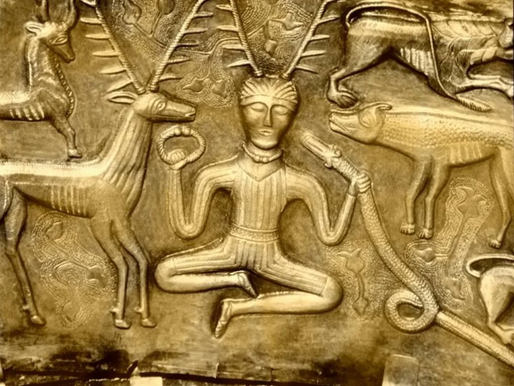 Detail from the Gundestrup Cauldron (300-200 BC) showing Cernunnos, the antlered Celtic deity, seated in trance surrounded by spirit animals — ancient evidence of Irish Shamanism explored by Clinical Herbalist Donna Troy Cleary at Spiral Herbal Remedies Brooklyn