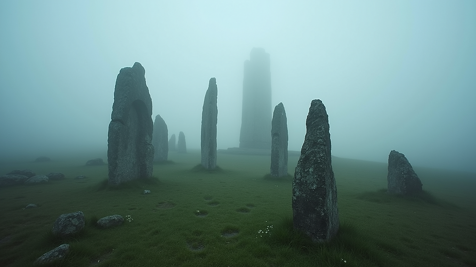 Eye-level view of a misty Irish landscape with ancient stone structures