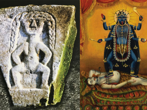 ide by side: a medieval Irish Sheela na gig stone carving showing a grimacing female figure holding an enlarged vulva, and a traditional Hindu painting of Goddess Kali standing triumphant — juxtaposed by MFA artist and Clinical Herbalist Donna Troy Cleary of Spiral Herbal Remedies Brooklyn to explore the shared legacy of matrifocal cultures in Ireland and India"
