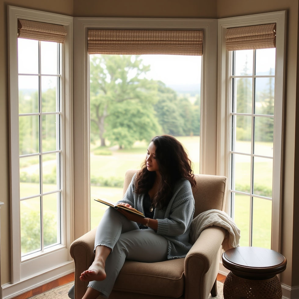 Woman sitting in front of her window with a journal