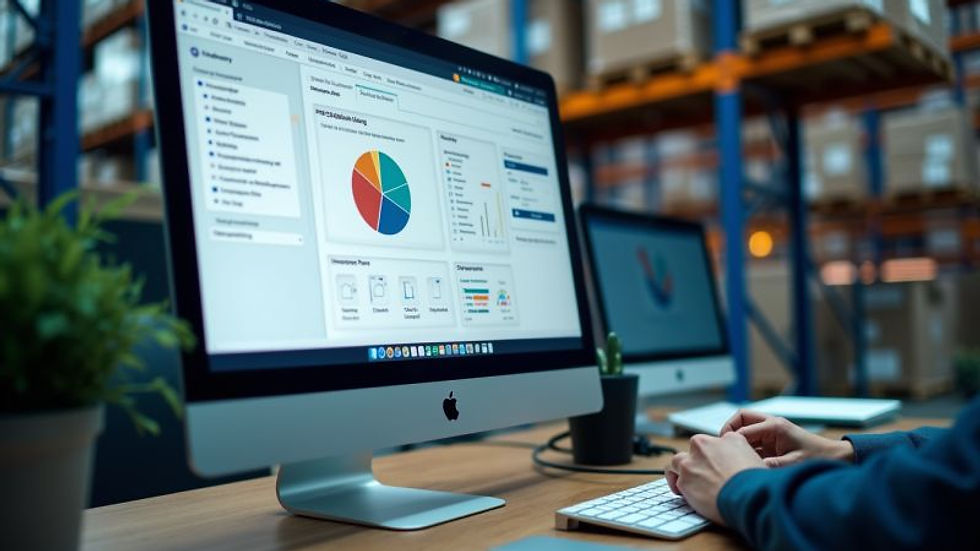 Warehouse employee using parts inventory management software on desktop computer to track and analyze automotive spare parts stock levels