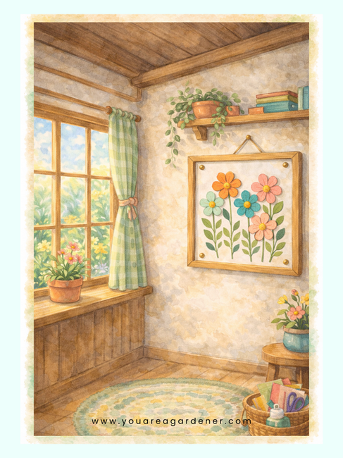 Interior of Foxie’s cozy cottage showing a framed paper flower garden craft displayed beside a sunny window.