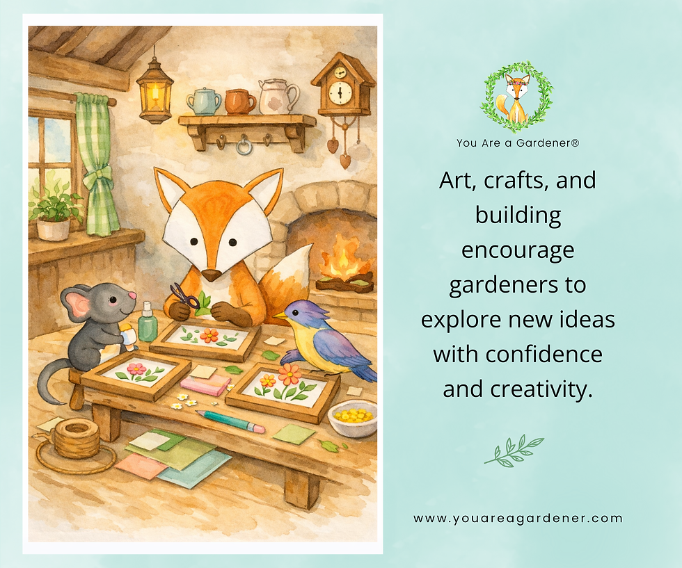 Watercolor illustration of Foxie, Mousie, and Birdie creating art and crafts together with a quote about confidence and creativity.