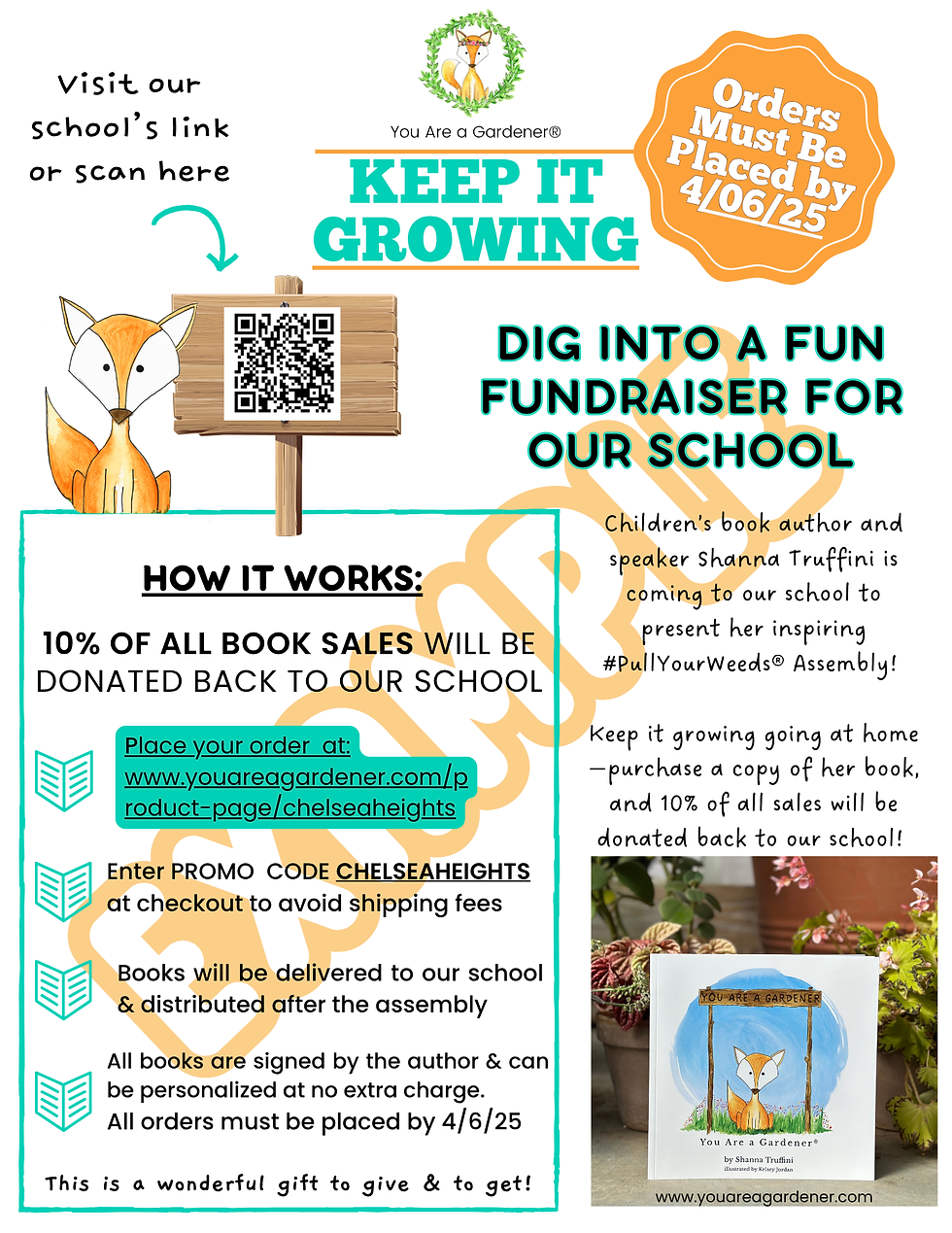 Fox with QR code sign promotes school book fundraiser. Bold "KEEP IT GROWING" text. Orders due 4/6/25. Author Shanna Truffini featured.