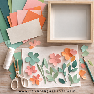 Step-by-step process for making rolled paper flower centers for a framed paper flower garden craft.