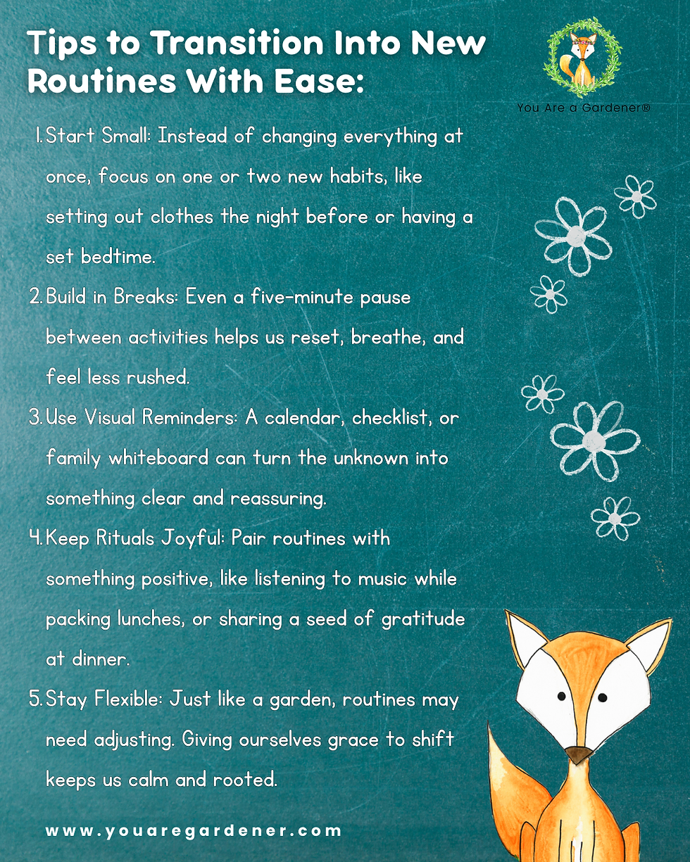 Fox illustration on teal background with text: "Tips to Transition Into New Routines With Ease" and a list of five tips. Floral doodles.