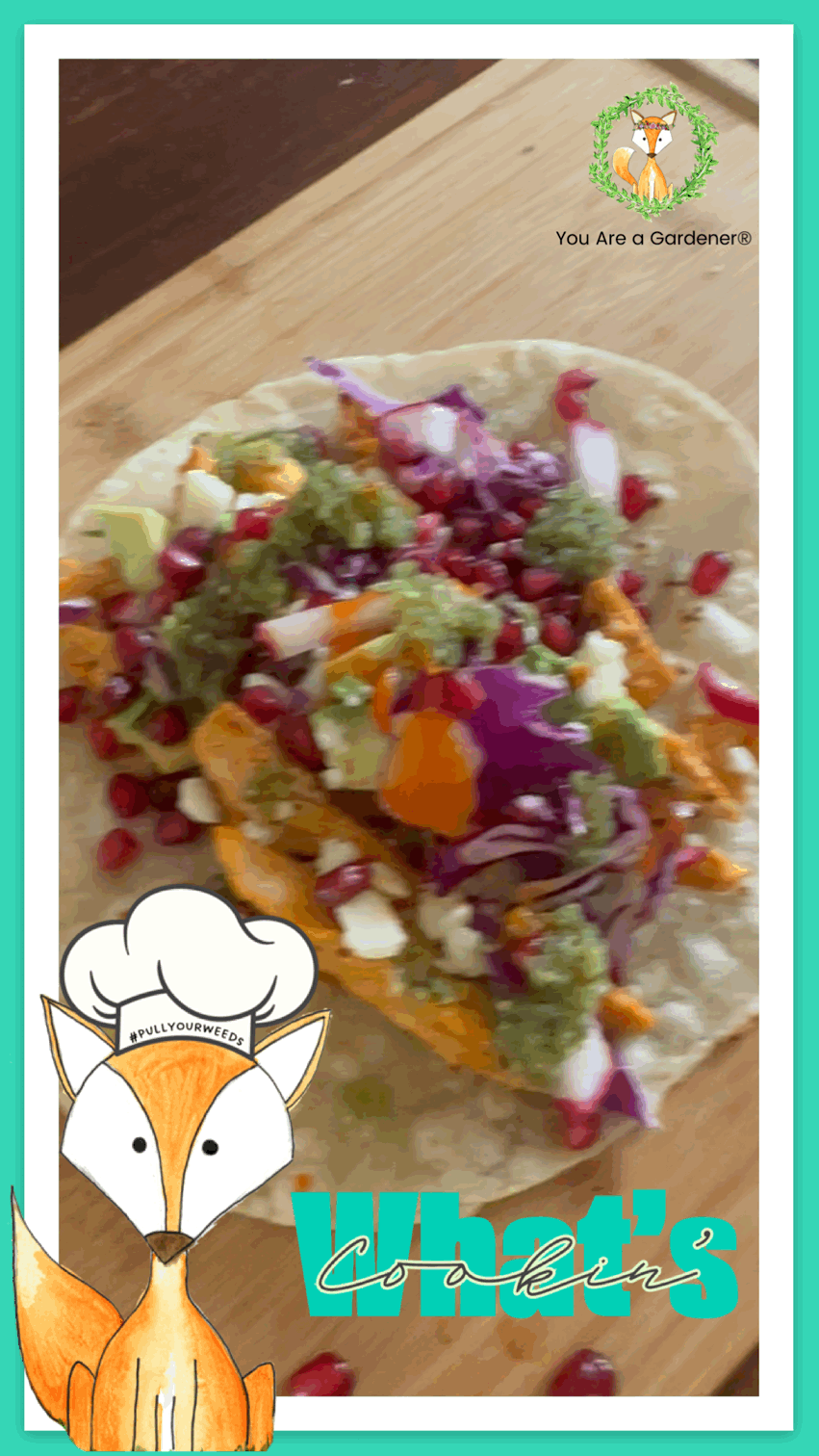 Colorful taco with pomegranate, cabbage, and guacamole on a wooden board. Cartoon fox chef with "What's Cookin'" text. Mood: playful.