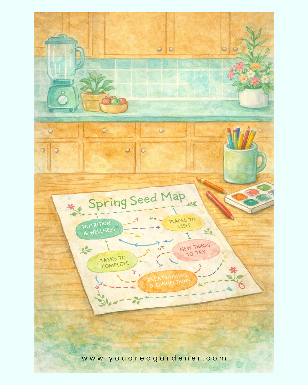 Watercolor illustration of a spring seed map laid out on a wooden table with plants, a watering can, and soft kitchen details in the background.