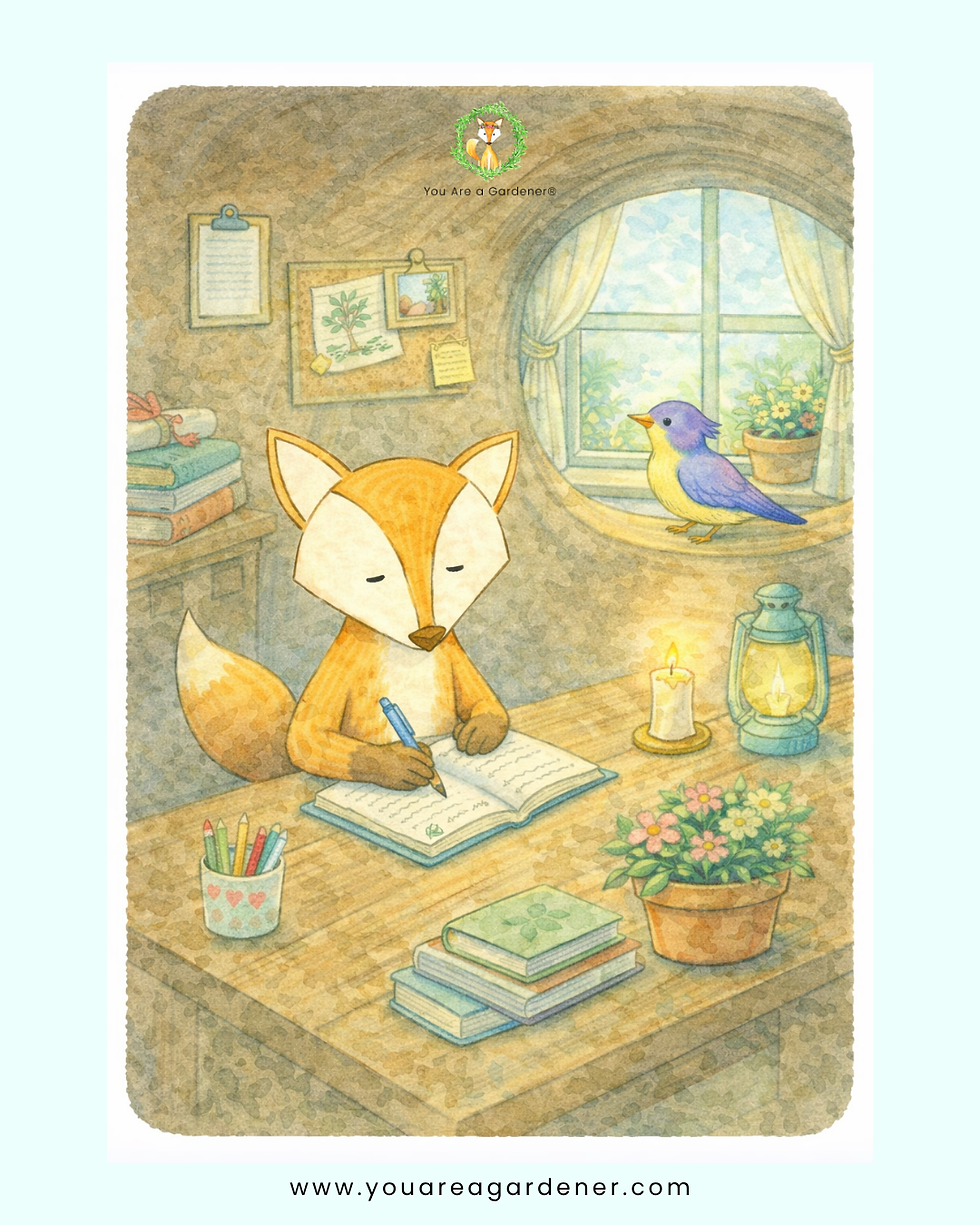 Watercolor illustration of a fox writing in a journal at a table with a candle and plants, representing gratitude journaling as a calming gardening tool.