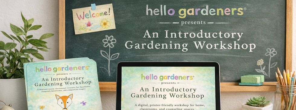 Chalkboard with "An Introductory Gardening Workshop." Tablet, book, and plant nearby. Colorful "hello gardeners" text. Welcoming vibe.