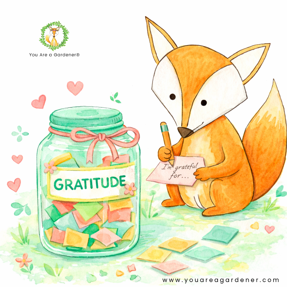 Watercolor illustration of Foxie the fox writing a gratitude note beside a glass gratitude jar filled with colorful paper slips, symbolizing appreciation and reflection.