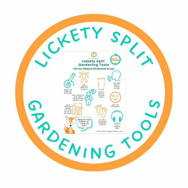 Circular logo with "Lickety Split Gardening Tools" text. Inner infographic with green and orange icons, tips on weeding in 60 seconds.