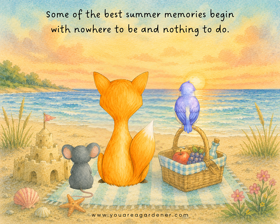 Foxie and Mousie watch a beach sunset beside a picnic basket while Birdie perches nearby, featuring a quote about enjoying simple summer moments and having nowhere to be.