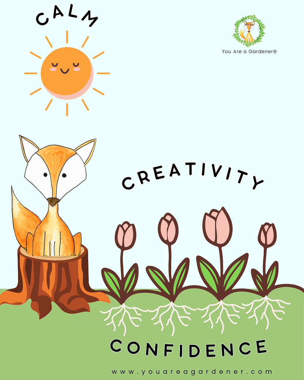 A smiling sun, fox in a tree stump, and blooming tulips on a light blue background. Words: Calm, Creativity, Confidence. Website link.