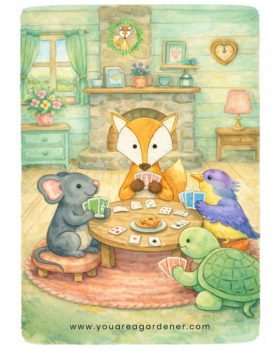 Foxie the fox and friends play cards together at a small table in a cozy room, showing relaxed focus and shared attention.