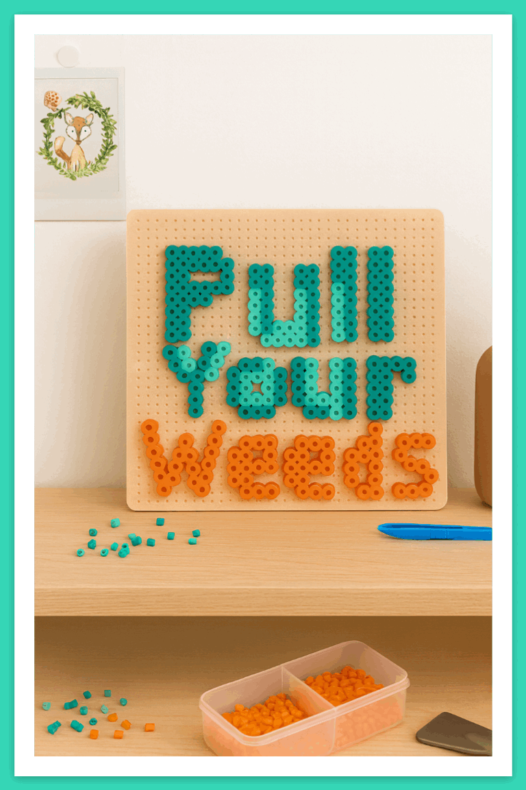 Pegboard with "Pull Your Weeds" perler beads in teal and orange letters on a wooden shelf. Fox illustration on the wall. Playful and organized setting.