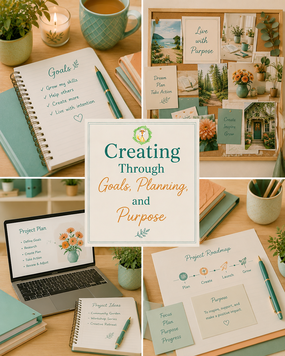 Collage featuring goal journals, vision boards, planning pages, presentations, and purposeful planning activities in mint and peach tones.
