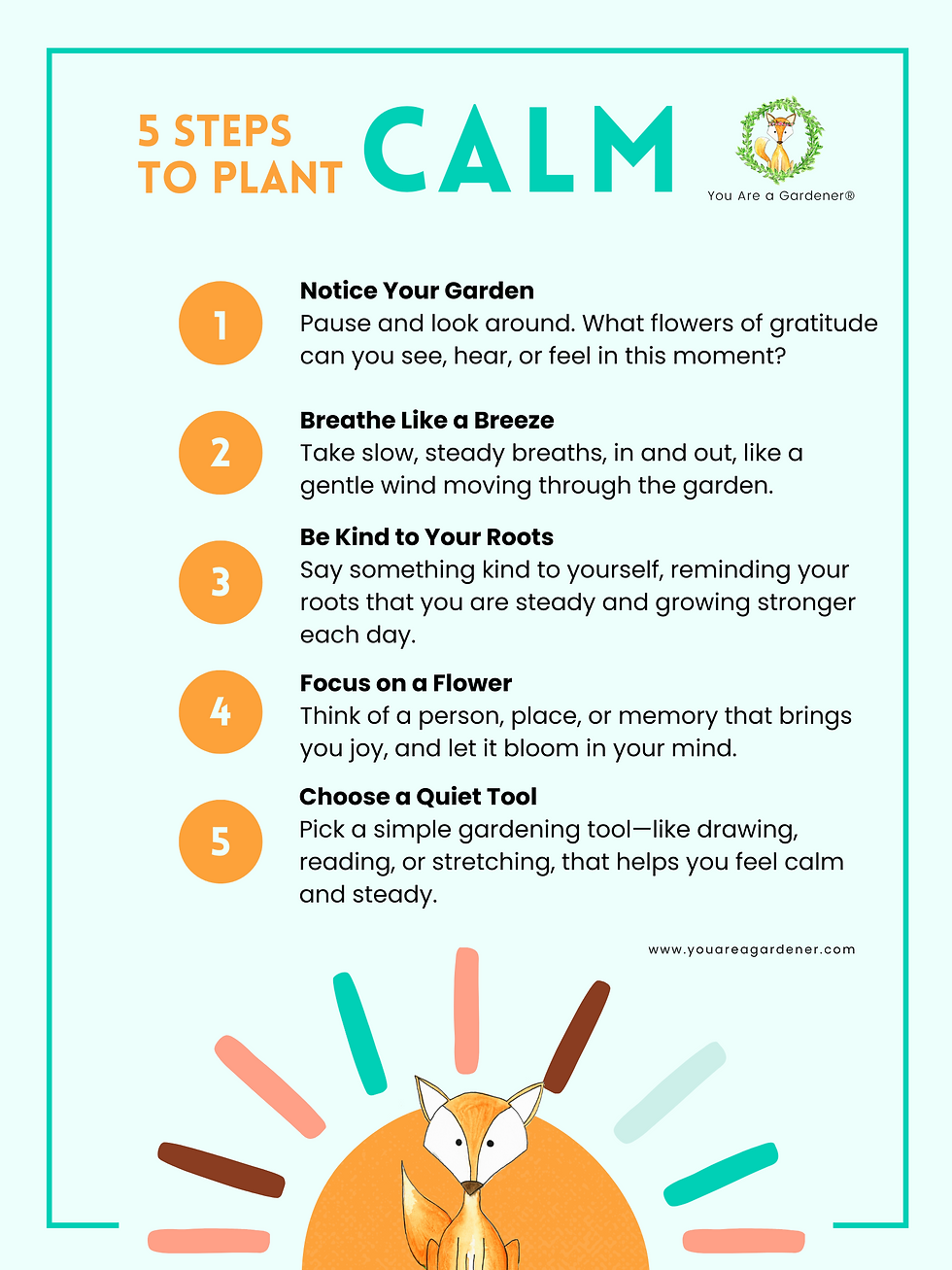 5-step guide titled "plant CALM" in teal and orange lists mindfulness actions. Features a fox and garden theme. Calm, peaceful vibe. free poster download