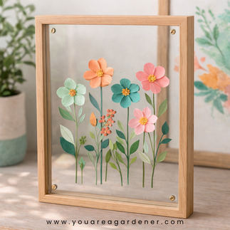 Completed spring craft for all ages framed paper flower garden artwork displayed in a floating glass frame.