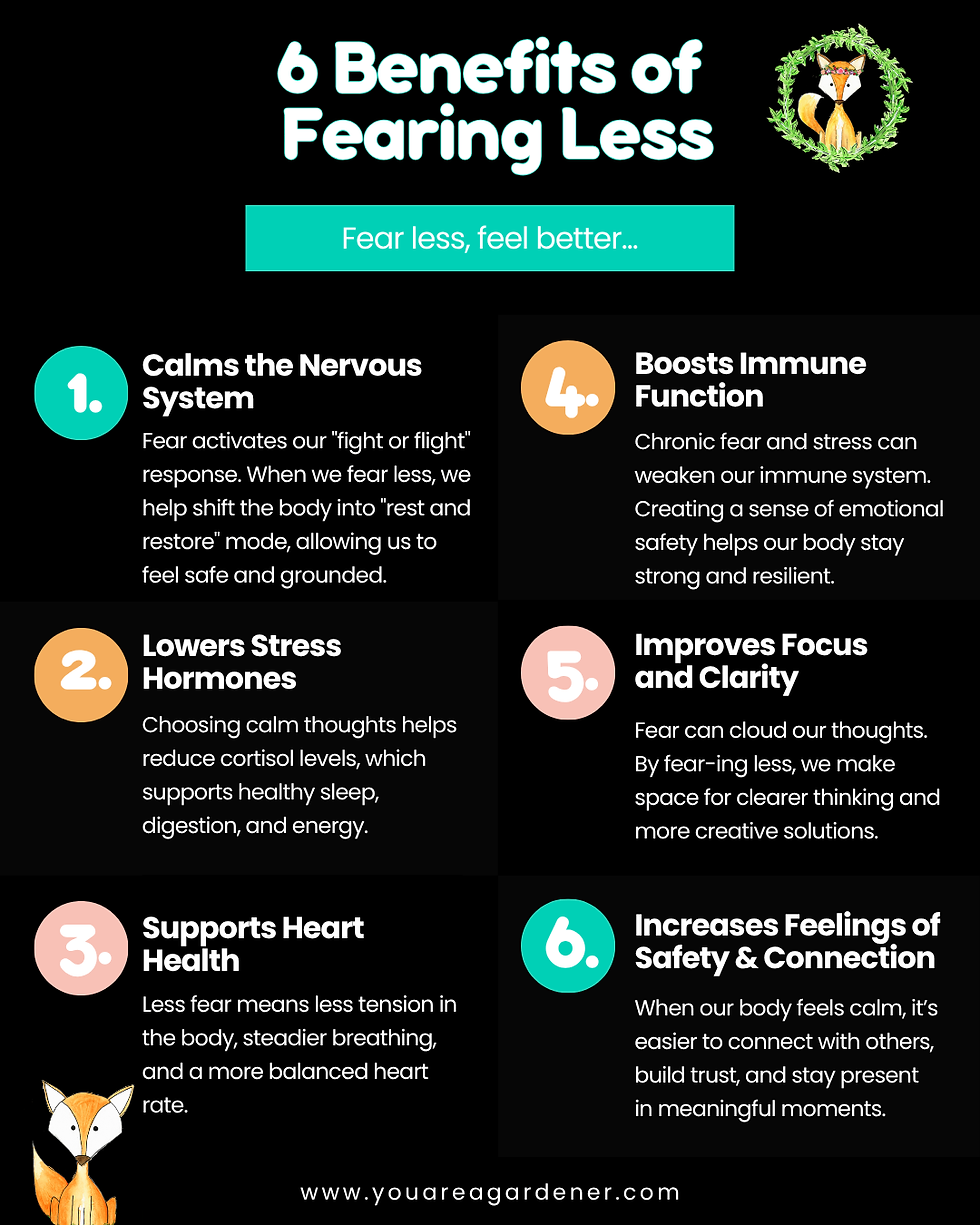 Infographic titled "6 Benefits of Fearing Less" with teal and orange accents. Lists benefits like calming the nervous system and boosting immunity. Fox logo.